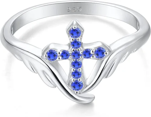 Vista 7 de STARCHENIE Cross Ring 925 Sterling Silver Angel Wings Ring for Women Size 5-10 02-Amatista-Febrero
