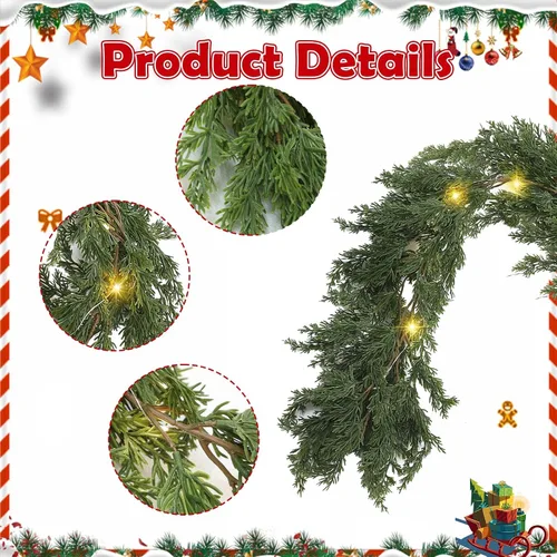 Vista 3 de Jutom Guirnalda de cedro de Navidad LED, enredaderas artificiales de ciprés de pino con luz de Navidad con luces para mesa de Navidad, manto, fondo