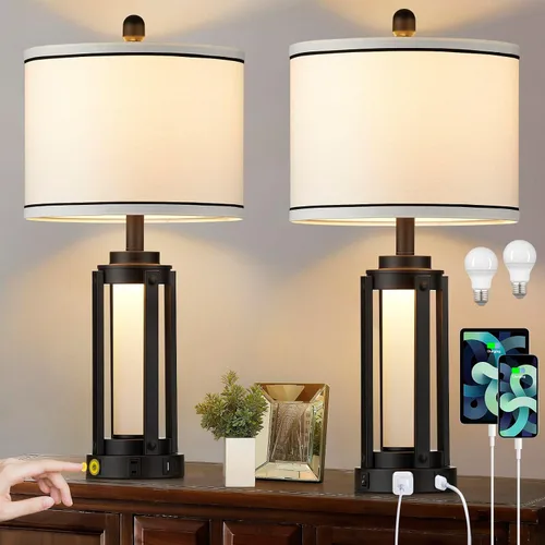 Vista 13 de Modern Table Lamps Set of 2, Industrial 3-Way Dimmable Bedside Lamp with USB A+C Ports & AC Outlet, 25" Touch Control Nightstand Lamp LED Night