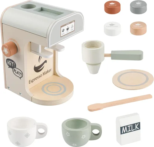 Vista 2 de Hey Play - Cafetera de juguete de madera para niños, 11 piezas, juego de cocina para niños con máquina de café expreso, accesorios de cocina