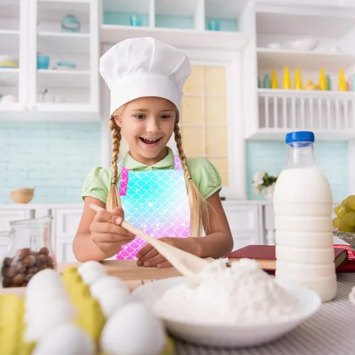 Vista 4 de Sylfairy Delantales para Niñas, Delantal de Unicornio Arcoíris con Bolsillos para Niños, Delantales de Chef de Cocina para Cocinar, Hornear, Pintar