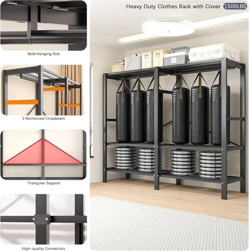 Vista 4 de Armario portátil resistente con puertas magnéticas, perchero de metal resistente de 1500 libras, perchero plegable para ropa, para dormitorio, sala