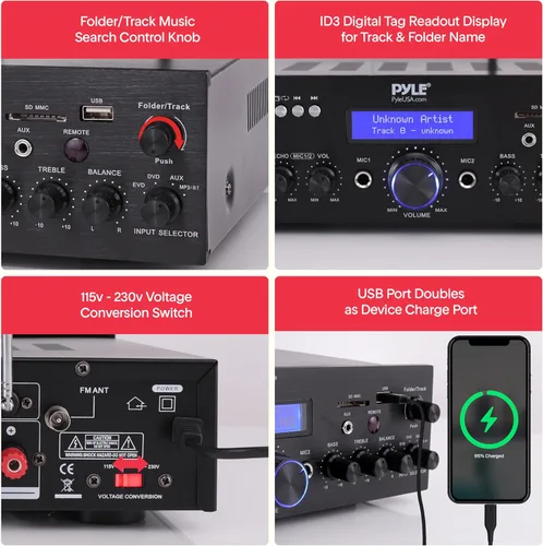 Vista 5 de Pyle Combo de micrófono inalámbrico/amplificador Bluetooth, potencia máxima de 200 W, receptor de audio estéreo de doble canal con USB - Reproductor
