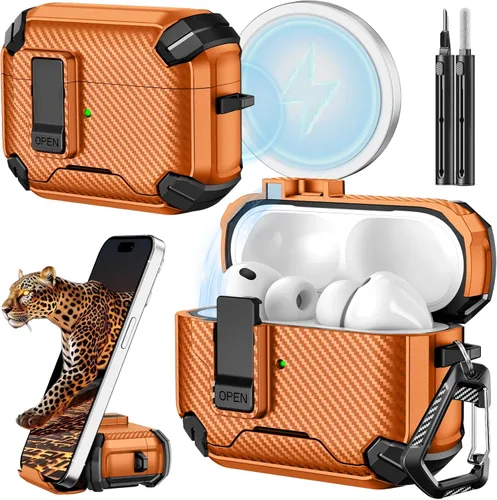 Vista 30 de Inesore Funda para AirPods Pro 1ª/2ª con bloqueo seguro (verde oscuro) Cubierta magnética de bloqueo automático con soporte para teléfono y kit