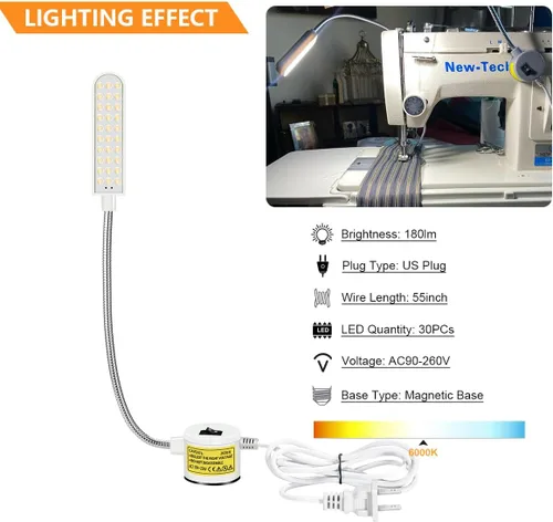 Vista 2 de Luz de máquina de coser LED con cuello de cisne flexible y base de montaje magnético para banco de trabajo, torno y prensa de taladro