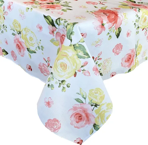 Vista 2 de Newbridge Marie - Mantel de tela floral, rectangular de 52 x 70 pulgadas Pétalo de rosa amarillo y rosa, resistente a las manchas y a las arrugas