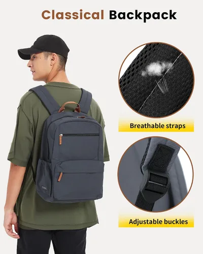 Vista 3 de Vorspack Mochila para hombres y mujeres Mochila ligera básica para libros, mochila casual para la universidad, trabajo, viajes, Gris, Classic