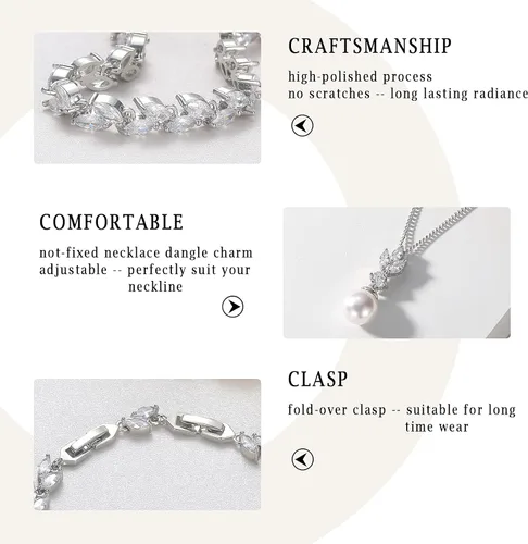 Vista 4 de Joyas de boda para novia, dama de honor, aretes colgantes de perlas y collar colgante, joyería de novia para promesas, bodas y fiestas, Metal