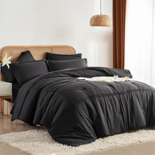 Vista 9 de Yogeneg Juego de edredón tamaño Twin de 5 piezas en una bolsa, juego de ropa de cama Twin con diseño de cuadrícula y pliegues beige, juego
