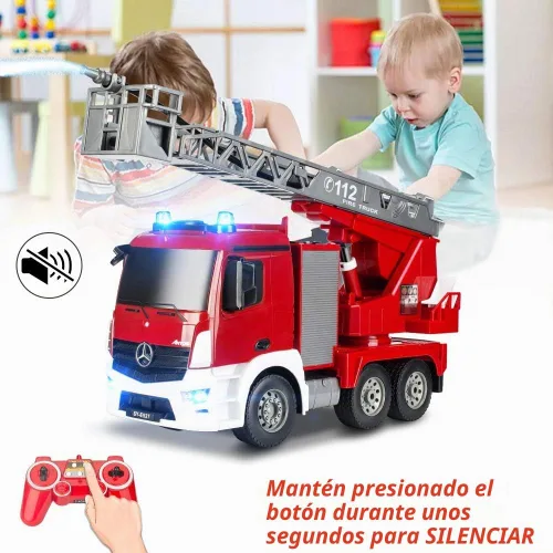 Vista 6 de DOUBLE E - Camión de bomberos a control remoto de 10 canales, escalera extensible de 18 pulgadas con bomba de agua, con luces sonoras que funcionan