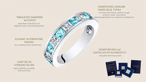 Vista 4 de PEORA Half Eternity Wedding Ring Band for Women 925 Sterling Silver in Princess Cut Gemstones, Sizes 5 to 9