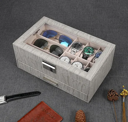 Vista 5 de LANDICI Caja organizadora de relojes para hombres y mujeres, 2 capas y 6 ranuras de piel sintética con parte superior de cristal, soporte grande