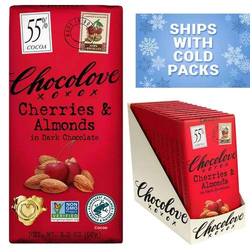 Vista 8 de Chocolove Barras de chocolate oscuro Cherry & Almonds 55% cacao Infundido con cerezas reales y almendras crujientes Fabricado con chocolate