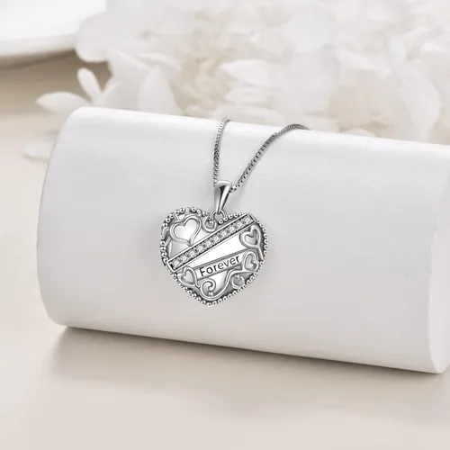 Vista 3 de URONE Collar con colgante de medallón de corazón para mujer, plata de ley, diseño de amor por siempre, soporte para fotos, regalo de joyería