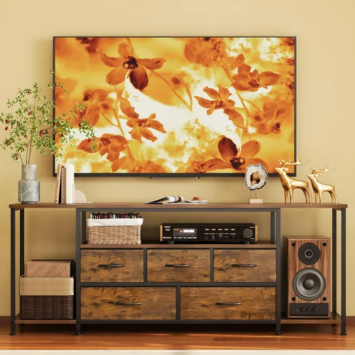 Vista 9 de Soporte de TV para televisores de hasta 75 pulgadas, mesa consola industrial de TV con 5 cajones de tela y 3 estantes abiertos, centro
