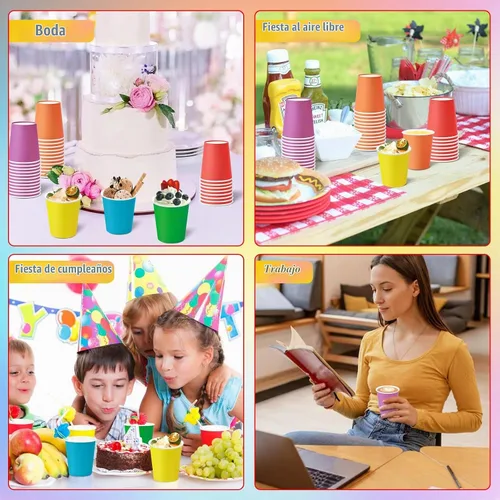 Vista 7 de KesaPlan 60 vasos de papel desechables de 9 onzas, vasos de plástico para fiestas, vasos de papel arcoíris, 6 colores para bebidas frías calientes