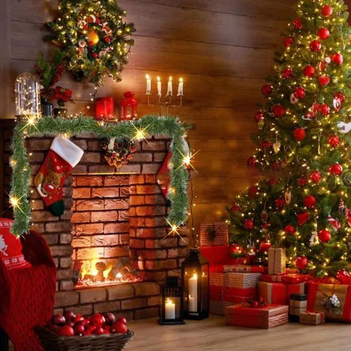 Vista 7 de FUNPENY Guirnalda decorativa de Navidad, guirnalda de Navidad artificial preiluminada de 15 pies con 50 luces LED, funciona con pilas, decoración