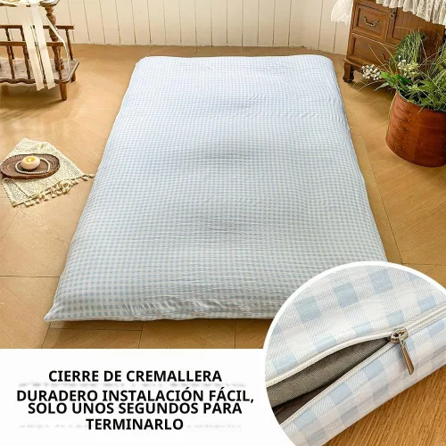 Vista 3 de Funda de futón para colchón de suelo japonés, color azul claro, tamaño individual Azul claro Gingham