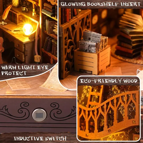 Vista 3 de Kit de rincón de libros de bricolaje: estante de rompecabezas de madera 3D con luz LED, decoración de sujetalibros en miniatura para adultos