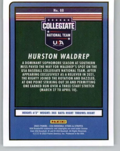 Vista 2 de 2023 Panini USA Stars and Stripes #88 Hurston Waldrep USA Baseball Collegiate National Team RC Rookie Baseball Trading Card