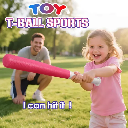 Vista 2 de Juego de pelota para niños, juegos de bolas en T rosa para niños pequeños de 1 a 3 años, juguetes de béisbol con 6 bolas/guante/máquina