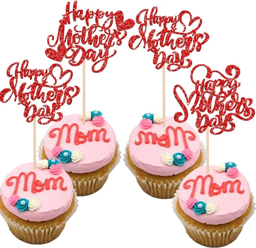 Vista 9 de Rsstarxi 1 paquete de decoración para pastel con flores de purpurina con doble corazón Love Mom Best Mom Best Mom Cake Pick Decoraciones para feliz
