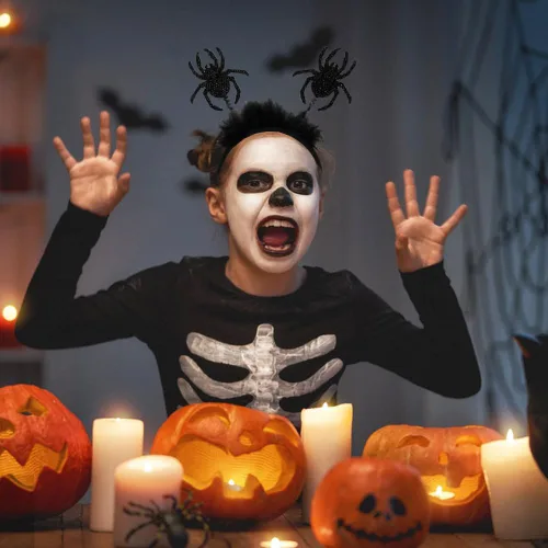 Vista 4 de KOLONAMS Diademas de Halloween de araña negra con purpurina para el pelo de Halloween, sombrero de aro para el pelo de Halloween, desfile, fiesta