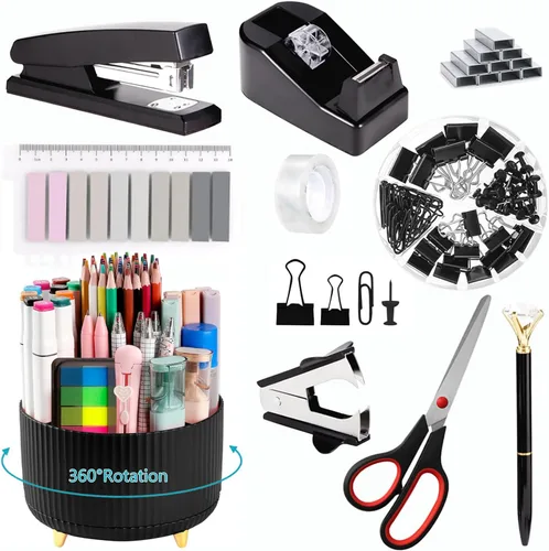 Vista 18 de Suministros de oficina, accesorios de escritorio negros, juego de suministros de oficina, juego de grapadora y dispensador de cinta, tijeras