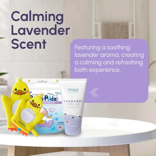 Vista 8 de TruKid Lavender Bubble Podz, juego de crema para bebés y guantes de burbujas, paquete relajante de baño y cuidado de la piel para niños