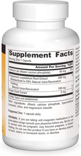 Vista 3 de Source Naturals Resveratrol 100, para el Corazón y el Envejecimiento Saludable* 100 mg - 60 Cápsulas Vegetarianas Para el corazón