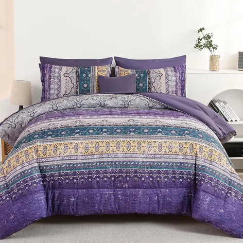 Vista 14 de Cottolester - Juego de edredón bohemio de tamaño matrimonial, 8 piezas, ropa de cama de microfibra suave en una bolsa, rayada y de color aguamarina