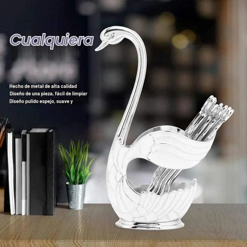 Vista 4 de Juego de cucharas de postre de café de metal con soporte, cisne para cucharas, base de cubiertos de frutas, organizador de 6 piezas de helado