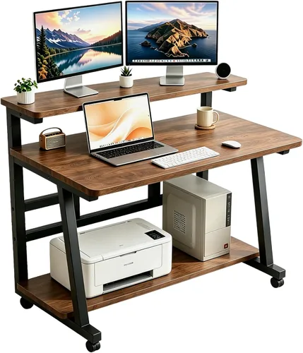 Vista 10 de Escritorio compacto de 31.5 pulgadas para computadora con mesa de trabajo de niveles y ruedas con bloqueo, escritorio pequeño para dormitorio
