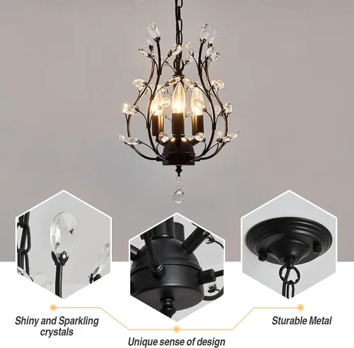 Vista 5 de CVKASH Candelabro de Cristal de Rama de 3 Luces Pequeño Montaje al Ras Colgante Vintage Iluminación Colgante Estilo Granja Accesorio de Luz