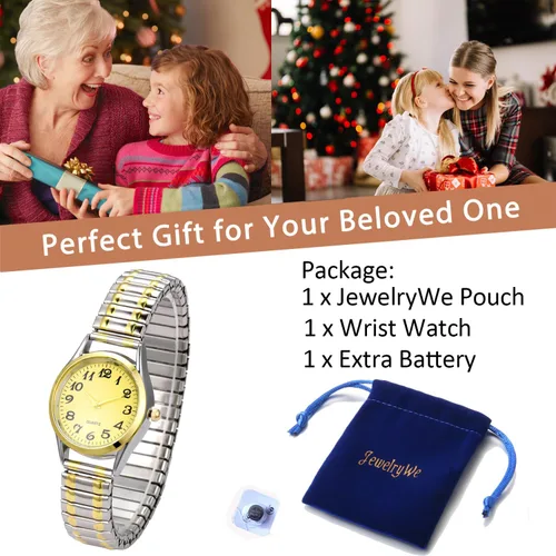 Vista 3 de JewelryWe Reloj de lectura fácil ultrafino para mujer con correa elástica de tono doradoplateado