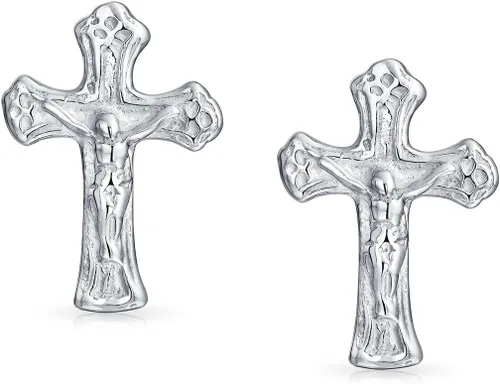Vista 2 de Aretes pequeños religiosos con cruz de crucifijo católico para mujeres y hombres, adolescentes, regalo de comunión, plata esterlina 925, Metal, sin