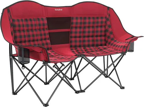 Vista 15 de SUNNYFEEL Silla Plegable Doble de Camping, Silla Loveseat Sobredimensionada, Silla de Césped Portátil/Plegable Resistente con Almacenamiento