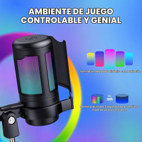 Vista 4 de Kit de micrófono USB para juegos, micrófono de condensador RGB con silencio, ganancia, soporte de brazo ajustable para monitoreo, filtro pop