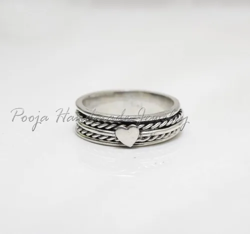 Vista 2 de Anillo giratorio de plata de ley 925, hecho a mano, para aliviar la ansiedad, banda giratoria fina para mujeres, anillo de preocupación, joyería