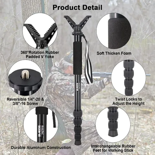 Vista 2 de BZTAC Palo de tiro táctico de aluminio de 5 secciones para caza, monopod, rifle de tiro con yugo en V extraíble de rotación de 360°, 18.9-62.3