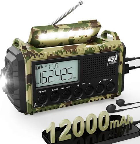 Vista 11 de Radio de emergencia de 12000 mAh - Alerta meteorológica AUTO NOAA, manivela solar AM/FM/SW/NOAA, linterna, cargador de teléfono, sirena SOS, kit