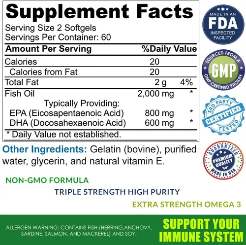 Vista 3 de Omega 3 Burpless Max Strength - Suplemento de aceite de pescado, fórmula Dr. 2000 mg con vitamina E, 800 mg EPA 600 mg DHA Ultimate Brain, soporte