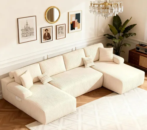 Vista 10 de Sofá Seccional Modular en Forma de U de 126.2'', Sofá Convertible de 4 Asientos, Sofás Sin Huesos para Sala de Estar (Gris) Sofá moderno de pana