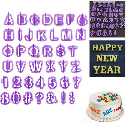 Vista 9 de Cortadores de letras de fondant, cortadores del alfabeto, juego de cortador de fondant de letras y números, 40 piezas, moldes de fondants
