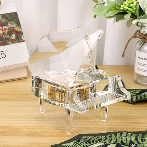 Vista 6 de Caja musical de cristal ELLDOO, caja musical decorativa de relojería con forma de piano, adorno de piano transparente, regalo romántico para niñas