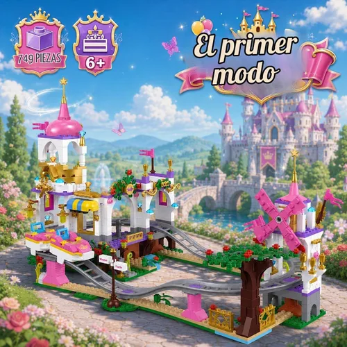 Vista 2 de Juego de construcción de montaña rusa de castillo, kit de construcción de parque de atracciones STEM para niños, bloques de juegos rosa creativos