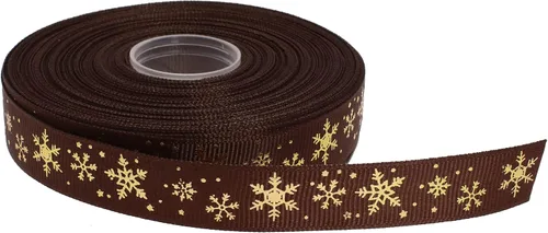 Vista 25 de Cinta de grogrén de copo de nieve con impresión dorada de 25 yardas cada rollo, borde tejido 100% poliéster (3/8 pulgadas, beige)