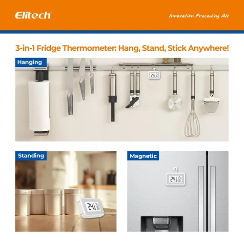 Vista 2 de Termómetro de frigorífico Elitech, termómetro digital para refrigerador y congelador a prueba de agua, pantalla LCD grande, función de registro