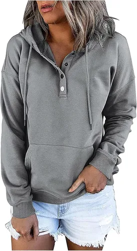 Vista 117 de Sudaderas con capucha para mujer, con cuello de botón, sin botones, con cordón, manga larga, lindas, ropa para adolescentes y niñas