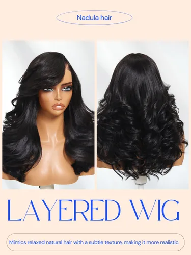 Vista 8 de Nadula Bye Bye Slip Peluca de Cabello Humano con Capas Emplumadas y Raya Lateral con Cordón, Densidad 200%, Sin Pegamento Pre Cortada 7X5 Loose Body